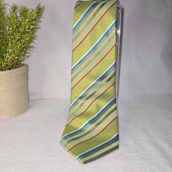 GIORGIO ARMANI ITALIAN SILK TIE APPLE GREEN WITH CRIMSON AND BLUE STRIPES EUC - Picture 1 of 7